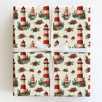 Poinsettia Nautical Holiday Gift Wrap, Coastal Lighthouse Christmas Wrapping Paper, Beach Christmas Wrapping Paper, Gift Wrapping Paper