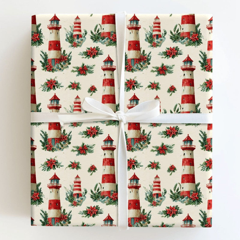 Poinsettia Nautical Holiday Gift Wrap, Coastal Lighthouse Christmas Wrapping Paper, Beach Christmas Wrapping Paper, Gift Wrapping Paper