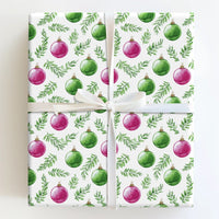 Christmas Bauble Wrapping Paper, Watercolor Pink and Green Ornament Wrapping Paper, Botanical Holiday Wrapping Paper, Festive Gift Wrap