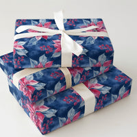 Watercolor Floral Holiday Gift Wrap, Pink Poinsettia Christmas Wrapping Paper, Winter Botanical Wrapping Paper, Elegant Navy Blue Present Paper