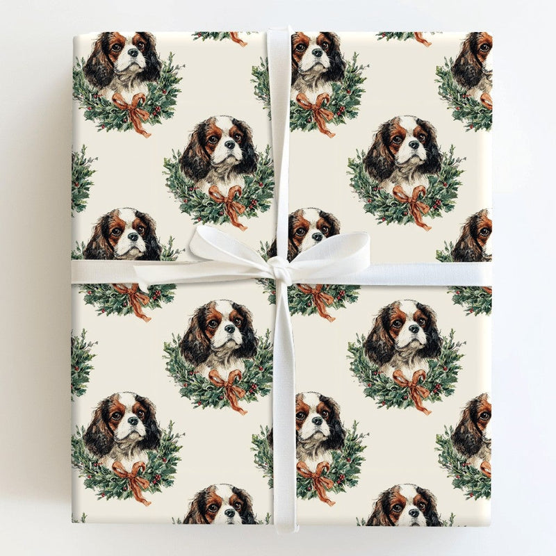 Vintage Spaniel Wreath Gift Wrap, Cavalier King Charles Wrapping Paper, Adorable Dog Christmas Wrapping Paper, Holiday Pet Gift Wrapping Paper