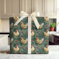 Farmhouse Watercolor Gift Wrap, Christmas Chicken Wrapping Paper, Rustic Country Pine Wrapping Paper, Winter Holiday Present Wrap Roll