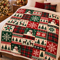 Buffalo Plaid Sherpa Throw Blanket, Snowman Patchwork Christmas Blanket, Reindeer Pine Tree Holiday Blanket, Comfy Cabin Christmas Decor Present
