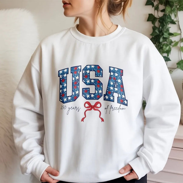 USA Patriotic Sweatshirt | Star-Filled Varsity Letters with Coquette Bow, 250 Years of Fredom | Soft Cotton Blend Pullover | Gift for Americana Lovers