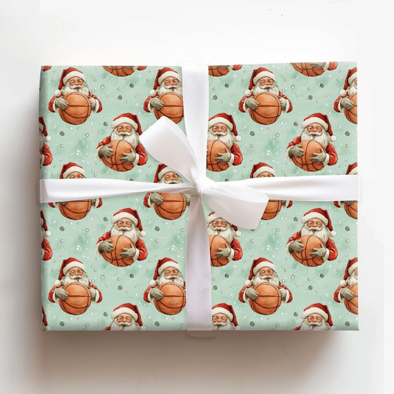 Sports Christmas Wrapping Paper, Basketball Santa Wrapping Paper, Mint Green Holiday Gift Wrap, Basketball Player Wrapping Paper Roll