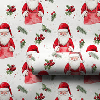 Festive Holly Pine Gift Wrap, Watercolor Santa Wrapping Paper, Christmas Santa Wrapping Paper, Holiday Workshop Apron Santa Present Paper