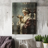 Vintage Christmas Painting Canvas Print, Santa Claus with Baby Deer Canvas, Holiday Deer Canvas Art, Winter Seasonal Wall Decor Present