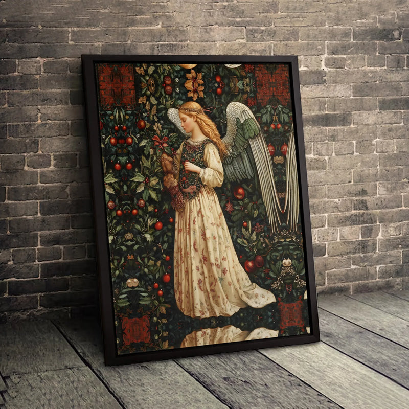 Arts and Crafts Foliage Canvas Print, Christmas Angel Canvas Art, Vintage Holiday Angel Wall Art, Festive Botanical Canvas Wall Decor Present