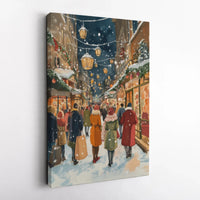 Snowy Night Winter City Wall Art, Christmas Shopping Street Canvas, Festive Holiday Townscape Print, Comfy Christmas Village Art Canvas