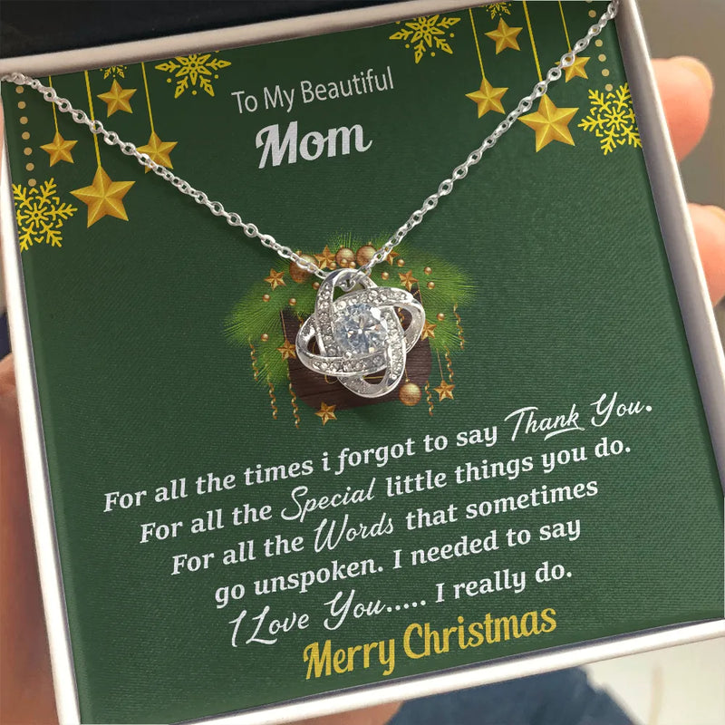 Christmas Love Knot Necklace, Love Knot Necklace for Mom, Sentimental Mother Necklace, Holiday Message Card Jewelry, 14k White Gold Pendant