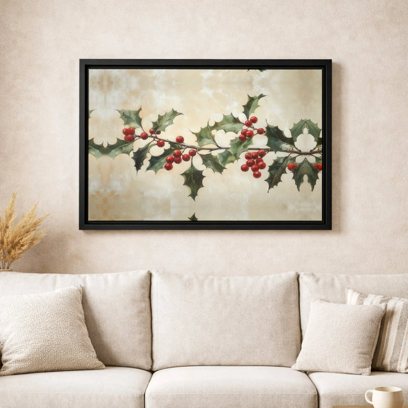 Vintage Red Berry Canvas Print, Christmas Holly Branch Canvas Art, Botanical Holiday Canvas Wall Art, Winter Holly Wall Decor, Xmas Present
