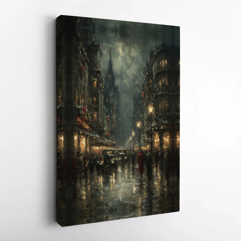 Dark Academia Snowy Street Poster, Vintage Christmas City Wall Art, Winter Holiday Oil Painting Print, Comfy Home Decor, Digital Download