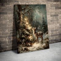 Snowy Winter Forest Lit Tree Canvas Print, Christmas Deer Canvas Wall Art, Rustic Holiday Stag Wall Decor, Festive Christmas Present