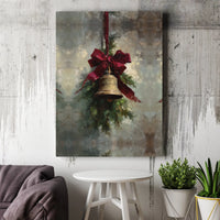 Holiday Bell Art Print, Vintage Christmas Bell Canvas Wall Art, Red Bow Pine Branch Painting, Xmas Holiday Wall Art, Digital Download