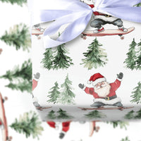 Pine Tree Santa Gift Wrap, Skateboarding Santa Wrapping Paper, Whimsical Skater Santa Wrapping Paper, Humorous Christmas Holiday Present Wrap