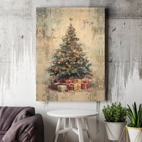Vintage Tree with Wrapped Presents Print, Rustic Christmas Tree Wall Art, Comfy Holiday Art Poster, Seasonal Digital Download Decor