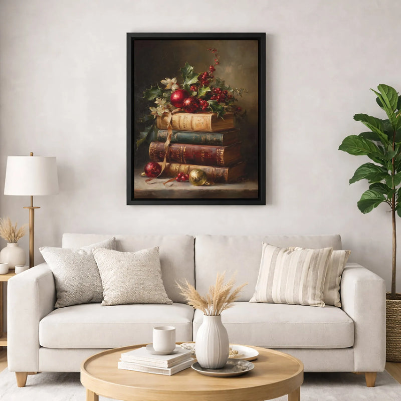 Holly Berries and Books Canvas Art, Vintage Christmas Still Life Canvas Print, Winter Holiday Wall Art, Festive Christmas Canvas Decor Present