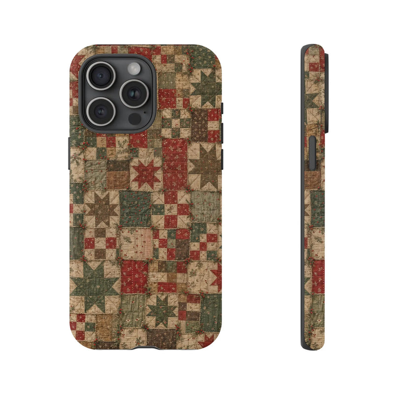 Rustic Patchwork Star Phone Cover, Vintage Quilt Pattern Phone Case for iPhone, Farmhouse Quilt Protective Case, Christmas Quilt Phone Case