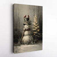 Christmas Snowman Cardinal Canvas Print, Vintage Snowman Canvas Wall Art, Festive Snowman Canvas Painting, Holiday Winter Wall Decor