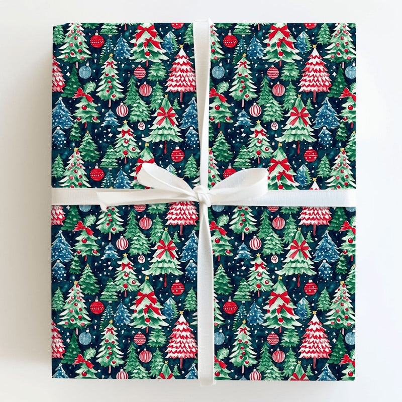 Navy Pine Tree Holiday Gift Wrap, Watercolor Christmas Trees Wrapping Paper, Winter Forest Christmas Wrapping Paper, Holiday Present Packaging