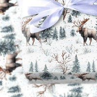 Winter Forest Holiday Gift Wrap, Watercolor Moose Christmas Wrapping Paper, Rustic Wildlife Wrapping Paper, Snowy Nature Gift Wrapping Paper