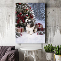 Snowy Holiday Dog Portrait Canvas Print, Shih Tzu Christmas Canvas Wall Art, Christmas Tree Puppy Canvas Art, Dog Lover Holiday Wall Decor