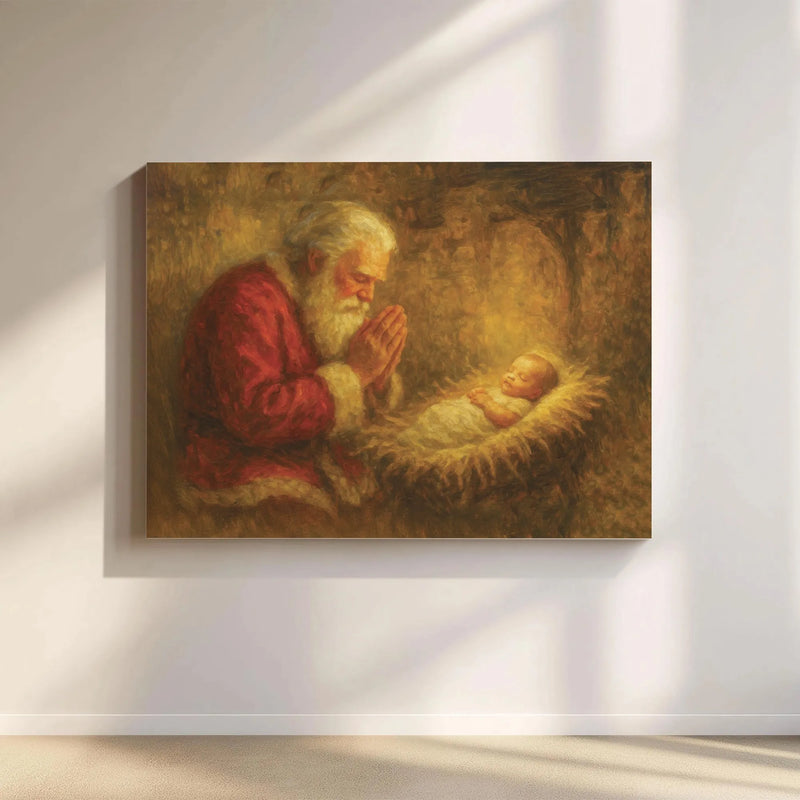 Religious Christmas Canvas Art, Kneeling Santa Praying over Baby Jesus Canvas, Nativity Scene Wall Decor, Christian Holiday Canvas Print