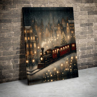 Snowy Winter Village Poster, Christmas Steam Train Wall Art, Holiday Season Locomotive Print, Festive Christmas Digital Download