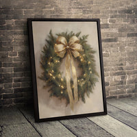 Gold Bow Holiday Lights Canvas Print, Christmas Wreath Canvas Wall Art, Painterly Xmas Canvas Decor, Festive Winter Wall Art Holiday Present