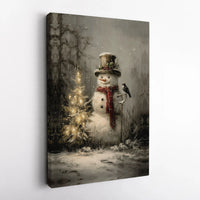 Christmas Tree and Bird Canvas Print, Vintage Snowman Wall Art, Whimsical Holiday Canvas, Retro Winter Wall Decor, Festive Xmas Home Present