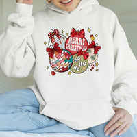 Disco Ball Bow Graphic Sweatshirt, Retro Christmas Ornaments Hoodie, Trendy Holiday Pullover, Pink Christmas Season Hooded Top for Her