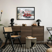 Red Truck Snowy Farmhouse Canvas Print, Personalized Christmas Canvas Art, Custom Family Name Wall Canvas, Holiday Winter Canvas Decor
