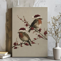 Festive Bird in Santa Hat Print, Christmas Robin Canvas Wall Art, Winter Holiday Canvas Decor, Christmas Wall Art, Seasonal Home Decor