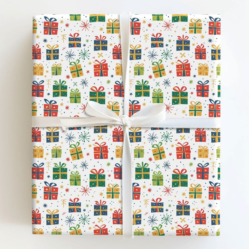 Colorful Gift Boxes Wrapping Paper, Christmas Present Wrapping Paper, Festive Starburst Holiday Gift Wrap, Bright Christmas Paper Roll