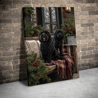 Holiday Doodle Dog Wall Art, Black Doodle Dogs Christmas Porch Canvas, Festive Plaid Farmhouse Canvas Print