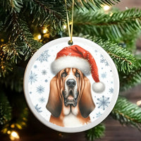 Santa Hat Dog Ceramic Ornament, Basset Hound Christmas Ornament, Adorable Puppy Holiday Ornament, Xmas Tree Pet Decor, Dog Lover Keepsake Present