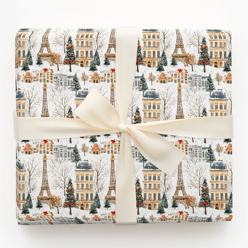 Snowy Eiffel Tower Gift Wrap, Paris Christmas Wrapping Paper, French Cityscape Wrapping Paper, Holiday Travel Present Paper Roll