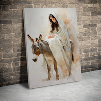 Watercolor Catholic Canvas Print, Virgin Mary on Donkey Canvas Wall Art, Religious Nativity Wall Decor, Christian Art Canvas, Christmas Present