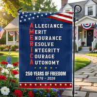 250 Years of Freedom Garden Flag | AMERICA Acrostic Patriotic Design | Double-Sided Polyester | 1776-2026 Commemorative Gift