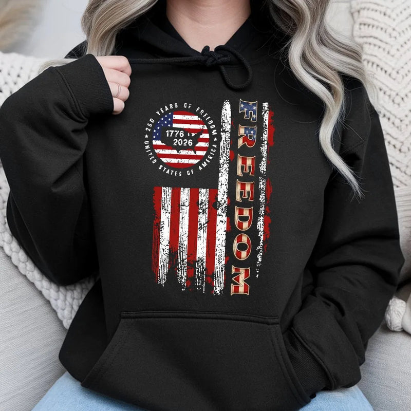 Freedom 250 Years Hoodie | 1776-2026 USA 250th Anniversary Distressed Flag Design | Premium Cotton-Poly Blend | Patriotic Gift for Americans