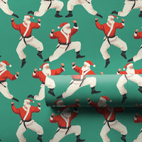 Teal Martial Arts Christmas Gift Wrap, Karate Santa Wrapping Paper, Black Belt Santa Wrapping Paper, Humorous Holiday Karate Fighter Gift Wrap