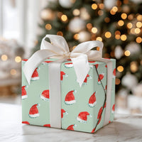 Mint Green Christmas Gift Wrap, Watercolor Santa Hat Wrapping Paper, Adorable Red Santa Hat Wrapping Paper, Secret Santa Holiday Gift Wrap Roll