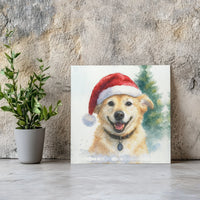 Watercolor Santa Hat Pet Portrait Poster, Golden Retriever Christmas Dog Wall Art, Snowy Holiday Art Print, Dog Mom Digital Download