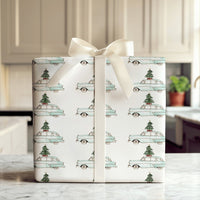 Retro Blue Car Holiday Wrapping Paper, Vintage Station Wagon Christmas Wrapping Paper, Tree on Car Gift Wrap, Nostalgic Xmas Paper Roll