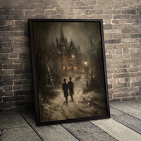 Snowy Winter Village Print, Victorian Christmas Canvas Art, Dark Academia Holiday Poster, Winter Wall Decor, Digital Download Printable