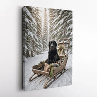 Snowy Forest Dog Portrait Print, Black Lab Winter Sled Canvas, Rustic Holiday Wall Canvas, Christmas Labrador Canvas Art, Dog Lover Present