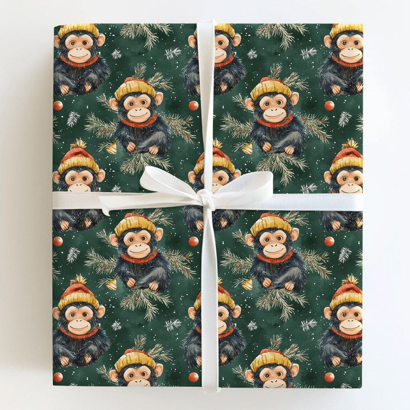 Winter Animal Holiday Wrapping Paper, Watercolor Christmas Monkey Wrapping Paper, Pine Tree Monkey Gift Wrap, Xmas Gift Wrapping Paper