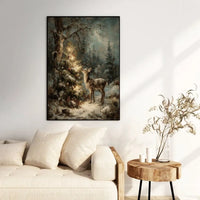 Vintage Fawn Snowy Forest Art Poster, Christmas Deer Wall Art Poster, Rustic Holiday Tree Wall Decor, Xmas Artwork, Digital Download Poster