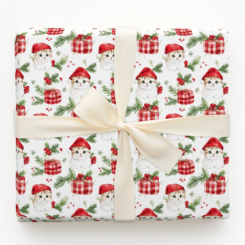 Santa Hat Cat Gift Wrap, Christmas Kitten Wrapping Paper, Adorable Watercolor Kitty Wrapping Paper, Festive Holiday Gift Wrap for Cat Lover