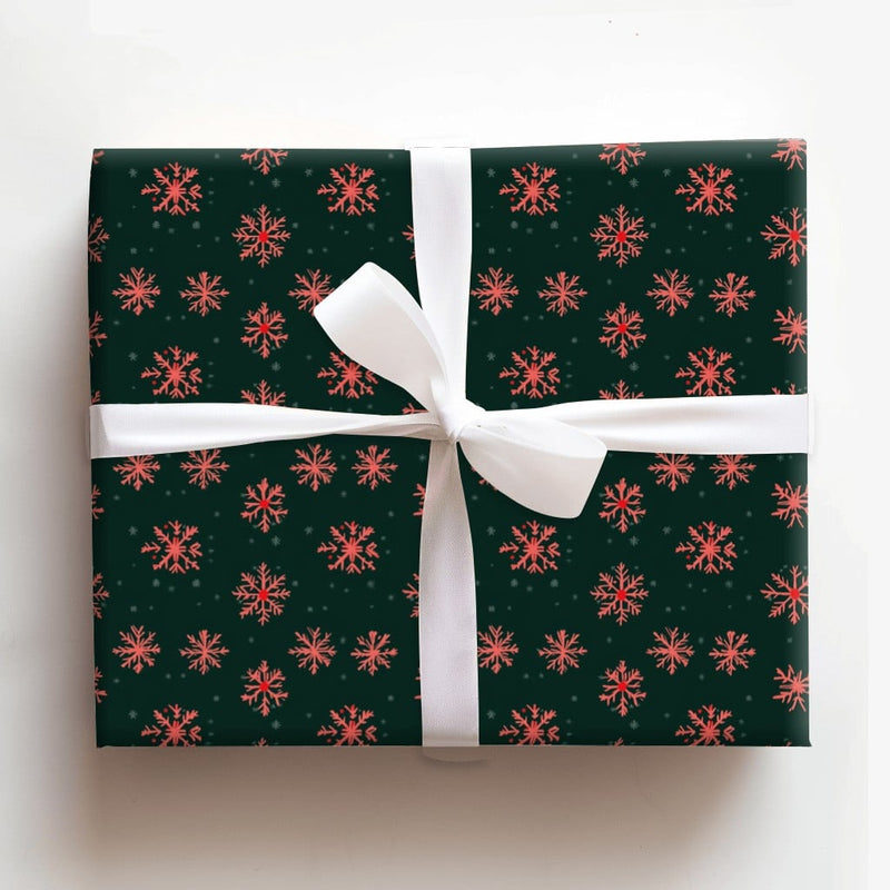 Dark Green Holiday Gift Wrap, Red Snowflake Wrapping Paper, Coral Red Winter Snowflake Wrapping Paper, Christmas Present Wrapping Paper Roll